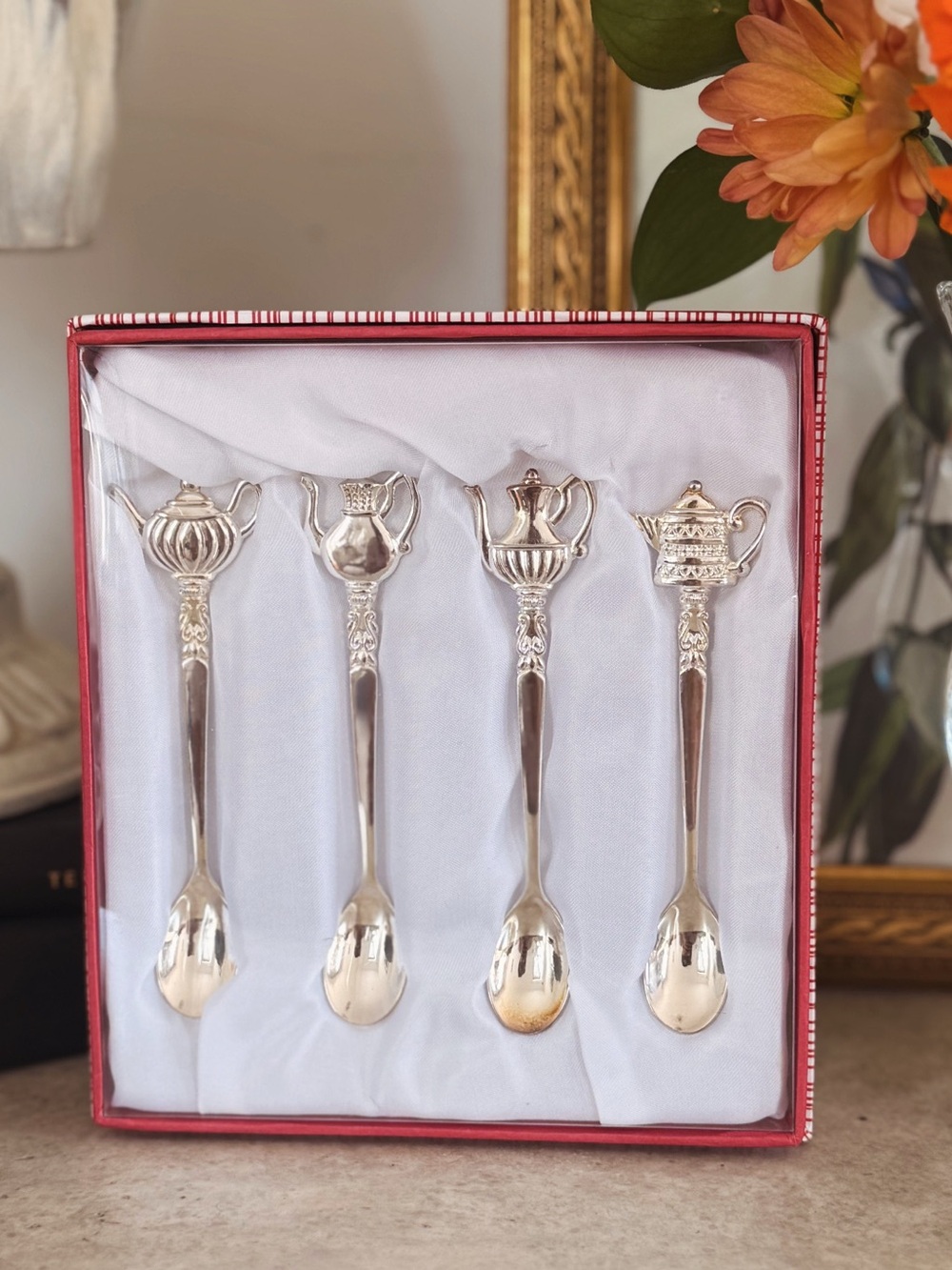 Silver Teapot Pattern Demitasse Spoon Set - 4 Piece
